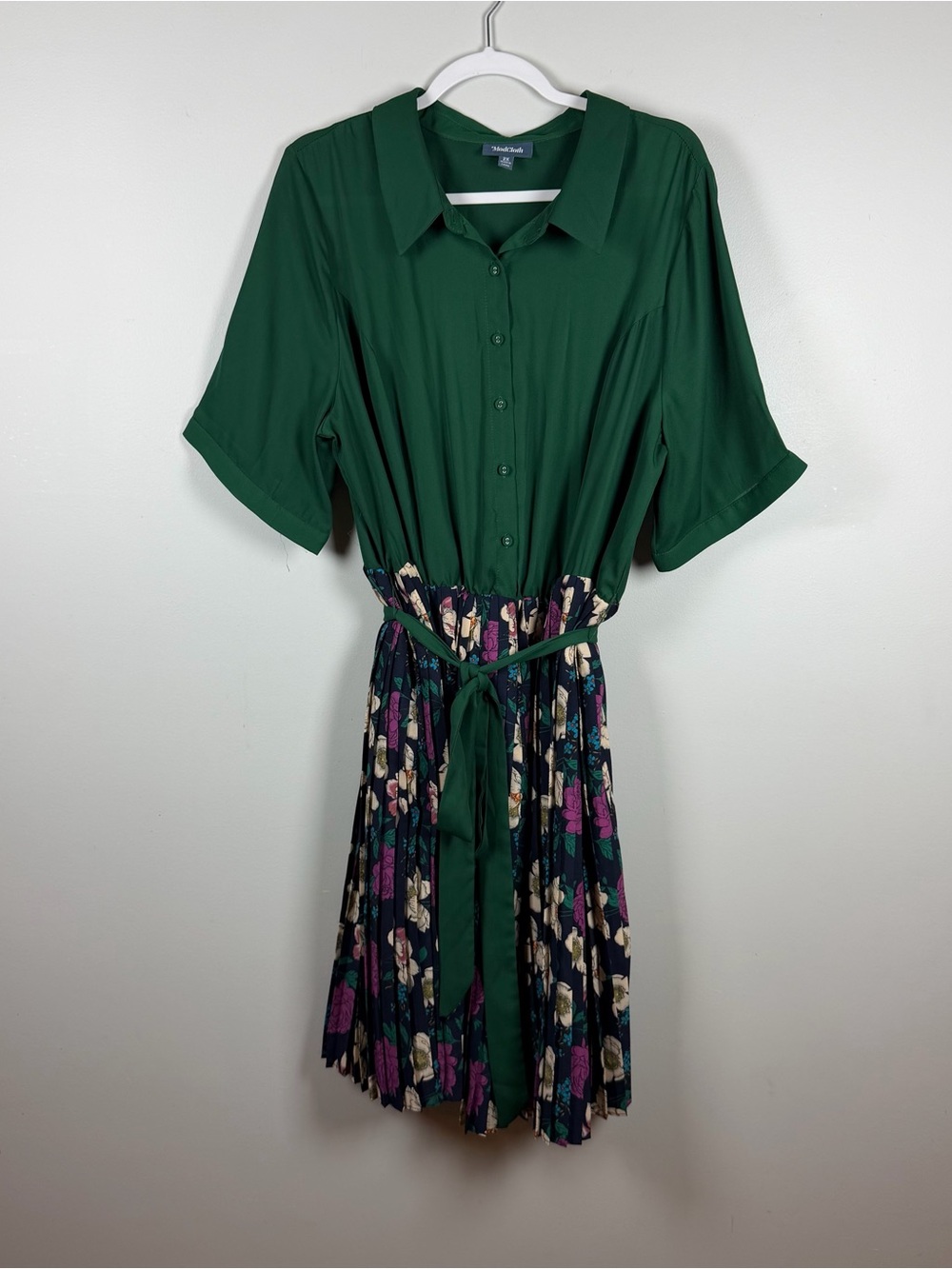 ModCloth Floral Green Button Front Tie Pleated Midi Pinup Work Dress Size 2X
